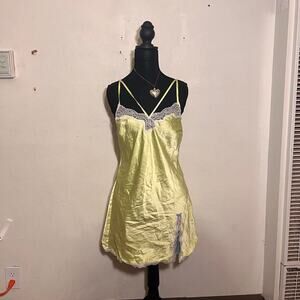Victorias Secret bright yellow green Cami with blue bows and white lace
